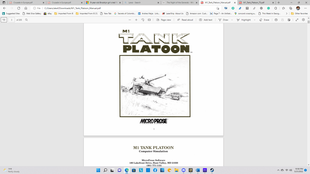 The title page from the .PDF edition of the "M1 Tank Platoon" manual. (C) 1989, 2020 MicroProse/Interplay Entertainment
