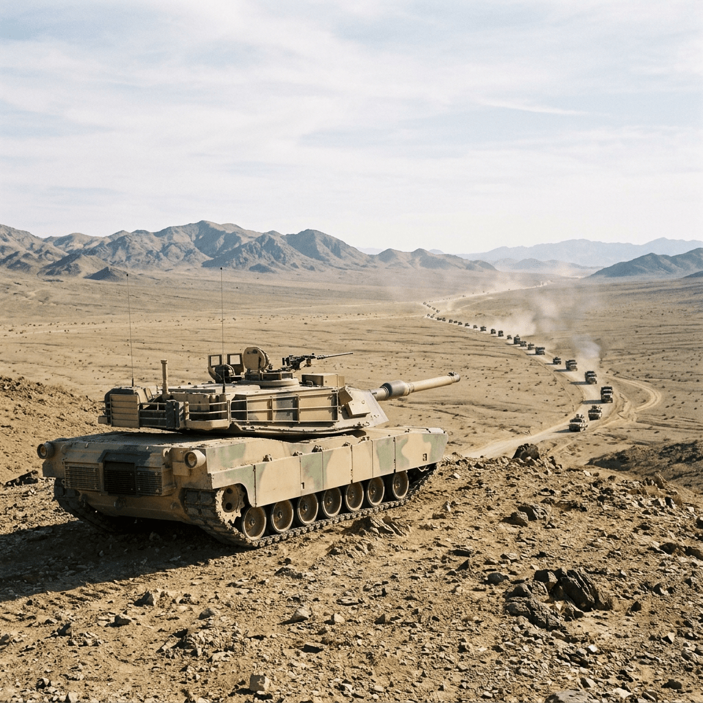 A tank positioned on rocky terrain overlooking a long convoy of military vehicles traveling on a dusty desert road.