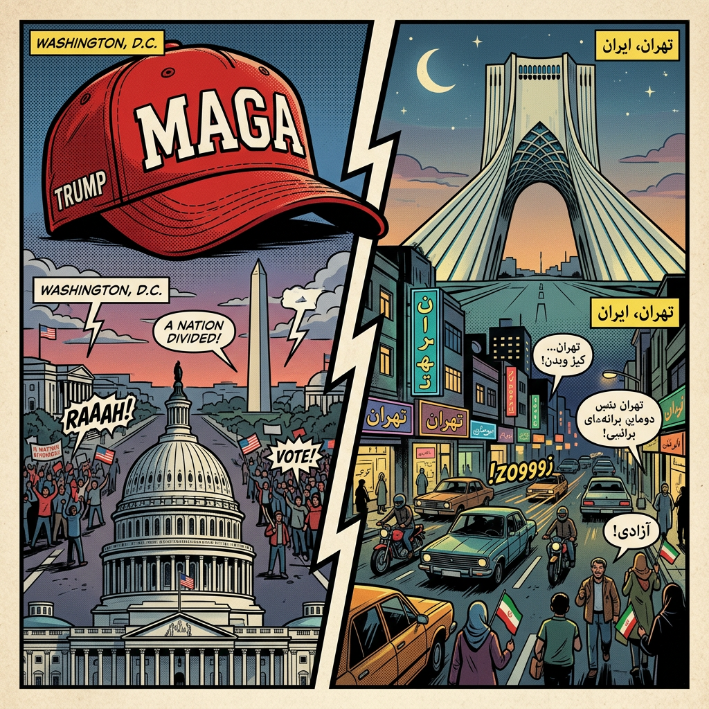 Comic illustration of Capitol building with MAGA hat and protests in Washington, D.C., contrasted with Tehran street scene with Azadi Tower and people holding Iranian flags.